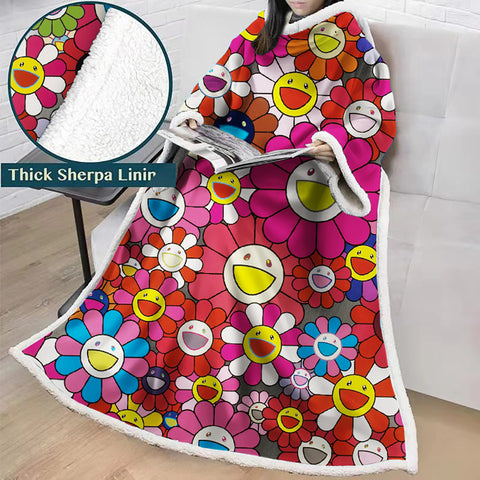 Image of 3D Digital Flower Printed Blanket With Sleeves-Cute Cartoon Blanket Robe