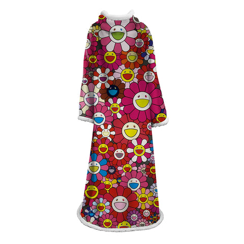 Image of 3D Digital Flower Printed Blanket With Sleeves-Cute Cartoon Blanket Robe