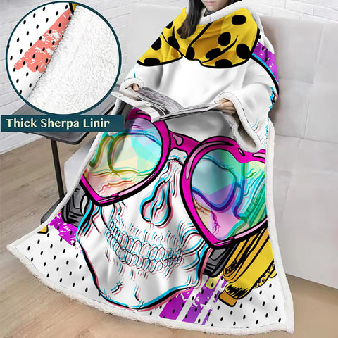 Image of 3D Digital Printed Skull Blanket With Sleeves-Horror Blanket Robe