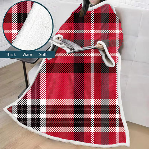 Image of 3D Digital Printed Blanket With Sleeves-Plaid Thickened Blanket Robe