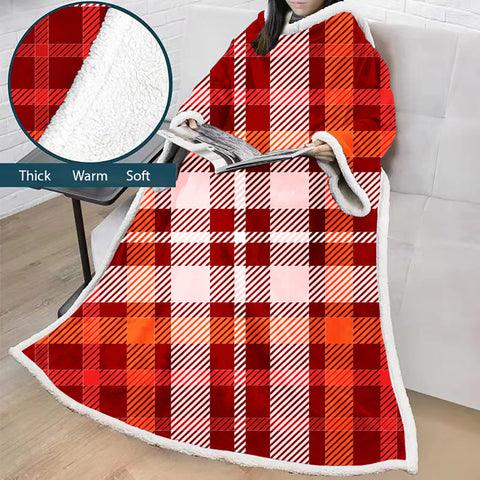 Image of 3D Digital Printed Blanket With Sleeves-Plaid Thickened Blanket Robe