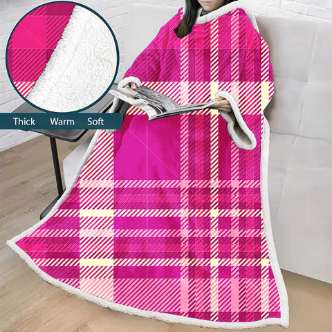 Image of 3D Digital Printed Blanket With Sleeves-Plaid Thickened Blanket Robe