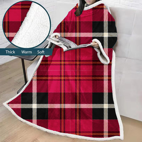 Image of 3D Digital Printed Blanket With Sleeves-Plaid Thickened Blanket Robe