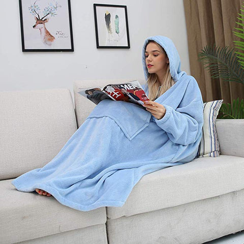 Image of His-and-Hers Sleeves-Cute Long Flannel Plush Wearable Hooded Blanket