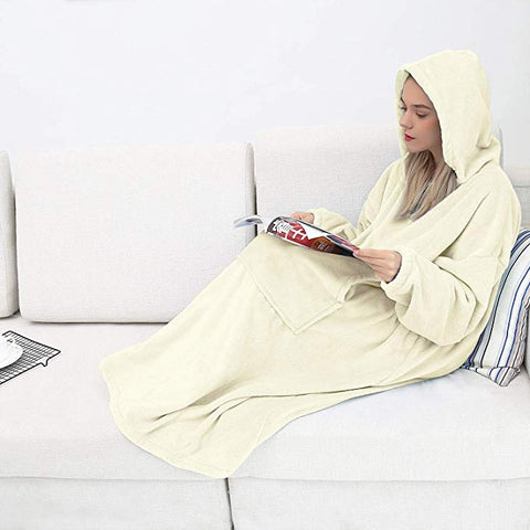 Image of His-and-Hers Sleeves-Cute Long Flannel Plush Wearable Hooded Blanket