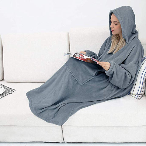Image of His-and-Hers Sleeves-Cute Long Flannel Plush Wearable Hooded Blanket