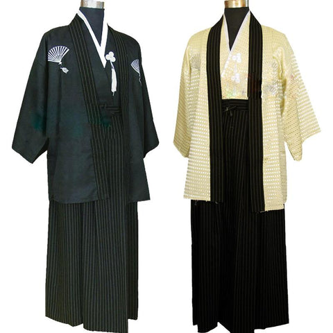 Image of Vintage  Men Japanese Kimono Satin Cosplay Warrior Costume Male Evening Party Robe 3 Piece Suit