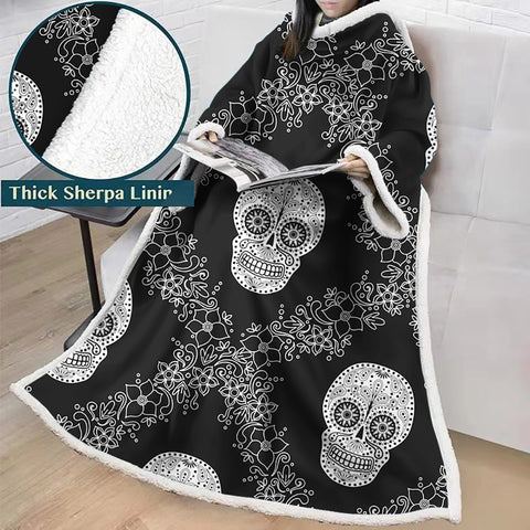 Image of 3D Digital Printed Skull Blanket With Sleeves-Horror Blanket Robe