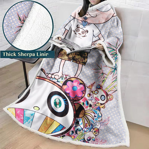 Image of 3D Digital Flower Printed Blanket With Sleeves-Cute Cartoon Blanket Robe