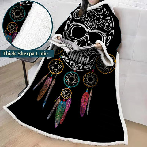 Image of 3D Digital Printed Skull Blanket With Sleeves-Horror Blanket Robe