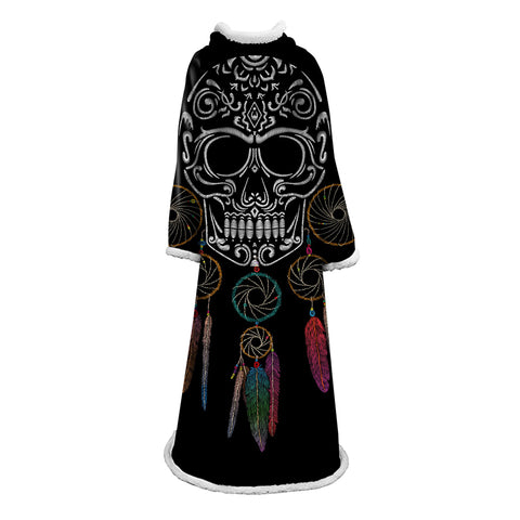 Image of 3D Digital Printed Skull Blanket With Sleeves-Horror Blanket Robe