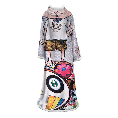 Image of 3D Digital Flower Printed Blanket With Sleeves-Cute Cartoon Blanket Robe