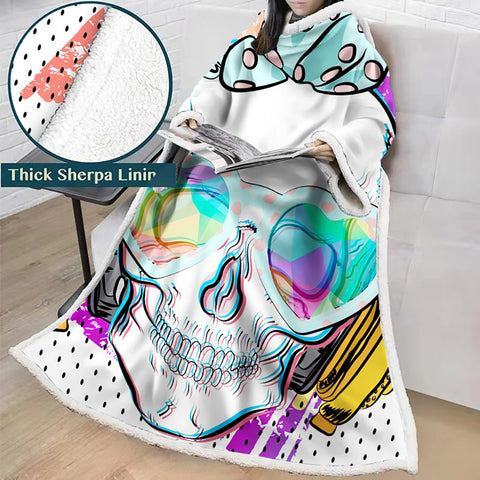 Image of 3D Digital Printed Skull Blanket With Sleeves-Horror Blanket Robe