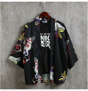 Men Summer Japanese Style Harajuku Loose Cotton Kimono Cool Print Jacket
