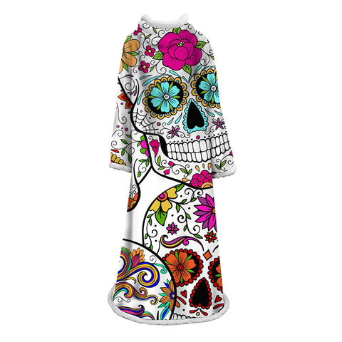 Image of 3D Digital Printed Skull Blanket With Sleeves-Horror Blanket Robe