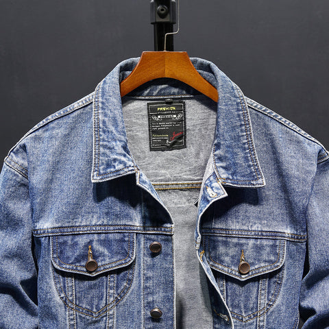 Image of Denim Jackets - Solid Color Denim Jacket Series Retro Denim Jacket Fleece Denim Jacket