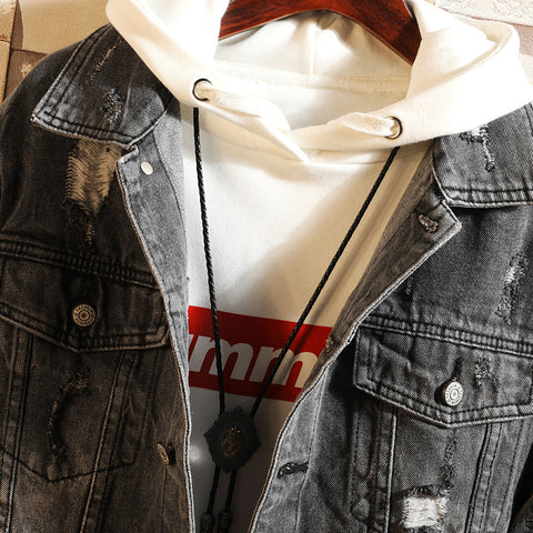 Image of Denim Jackets - Solid Color Denim Jacket Series Embroidery Hole Super Cool Fleece Denim Jacket