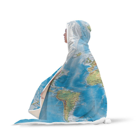 Image of Map Hooded Blankets - Map Series World Map Blue Fleece Hooded Blanket