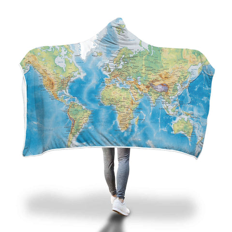 Image of Map Hooded Blankets - Map Series World Map Blue Fleece Hooded Blanket
