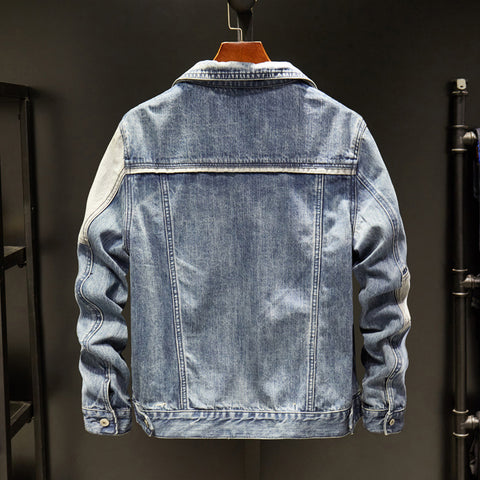 Image of Denim Jackets - Solid Color Denim Jacket Series Light Blue Fashion Fleece Denim Jacket