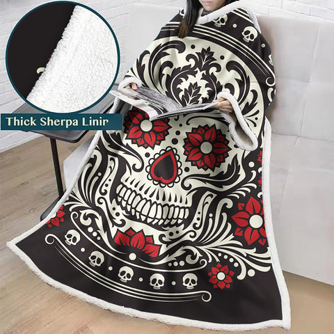 Image of 3D Digital Printed Skull Blanket With Sleeves-Horror Blanket Robe