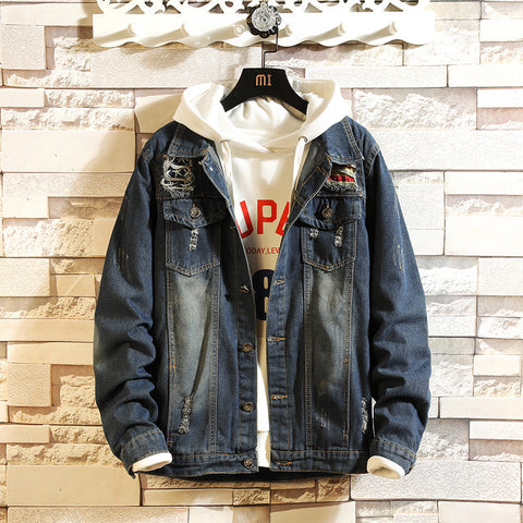 Image of Denim Jackets - Solid Color Denim Jacket Series BROKEN HOLE Fashion Denim Jacket