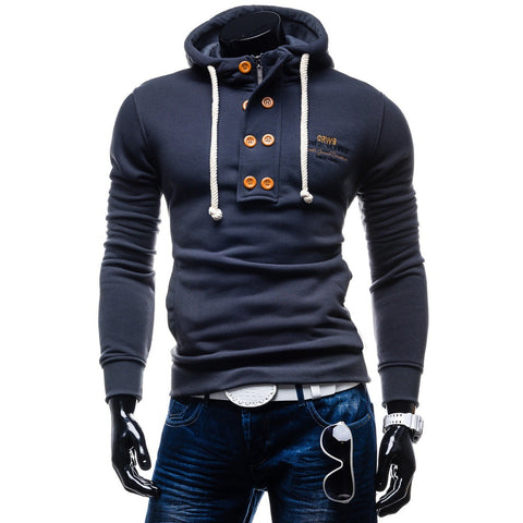 Image of Solid Color Button Hoodies - Pullover Standing Collar Blue Grey Hoodie