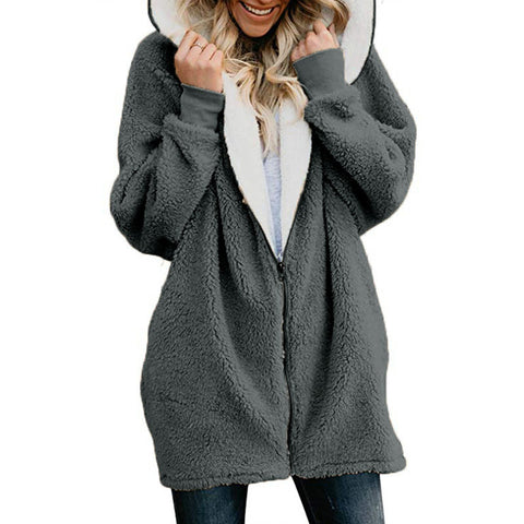Image of Women's Coats - Women's Casual Long Sleeves Stand Collar Fleece Coat