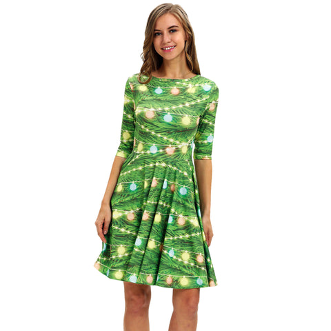 Image of Christmas Dresses - Long Sleeves Xmas Bell Printed Green Dress