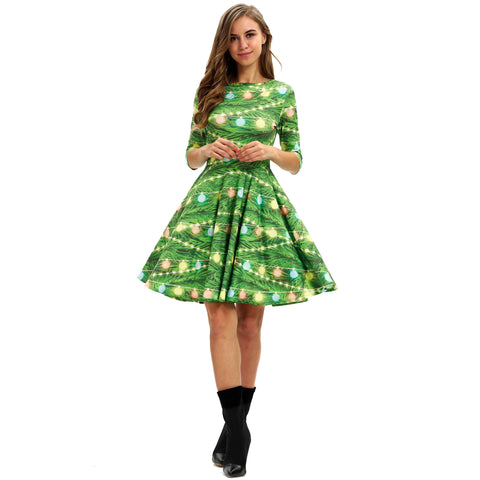 Christmas Dresses - Long Sleeves Xmas Bell Printed Green Dress