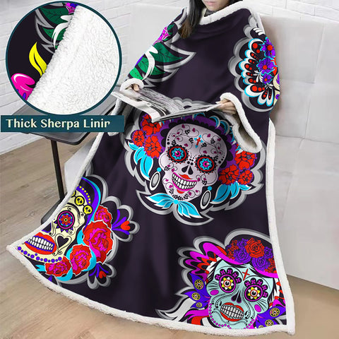 Image of 3D Digital Printed Skull Blanket With Sleeves-Horror Blanket Robe