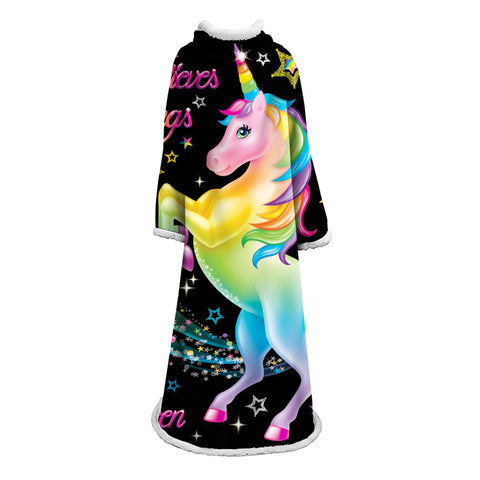 Image of 3D Digital Printed Blanket With Sleeves-Unicorn Cartoon Blanket Robe