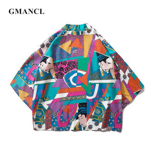 Men Japanese Style geisha Geometric printed Cardigan Kimono Jackets Fashion Streetwear Hip Hop Male coat Outerwear