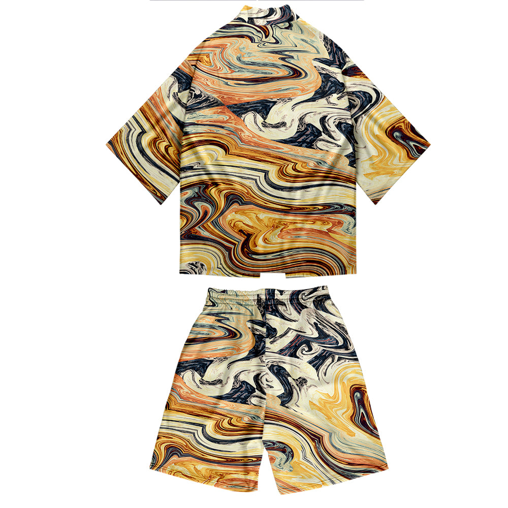 Mens Printed Kimono Japanese Summer Autumn Clothes Set