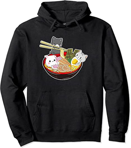 Image of Kawaii Japanese Anime Cat Hoodie Bowl Ramen Noodle Gift Top