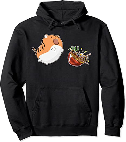 Image of Kawaii Jumping Cat Ramen Noodles Japan Anime Kitty Feline Pullover Hoodie