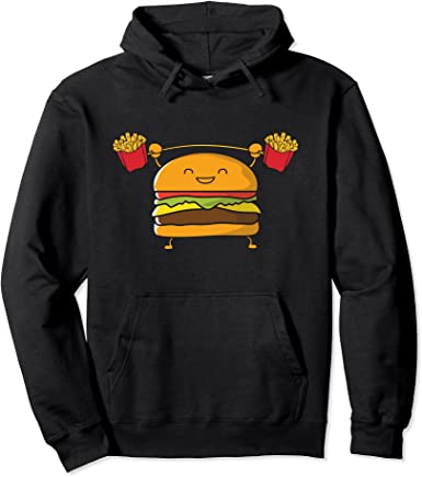 Image of Burger Lifting Fries Funny Food Snatch Squat Barbell Weight Pullover Hoodie