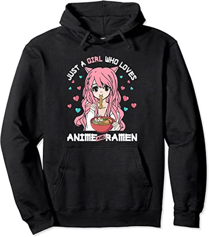 Image of Just A Girl Who Loves Anime and Ramen Bowl Pink Hair Noodles Pullover Hoodie