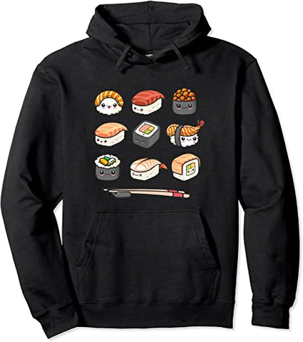 Image of Happy Sushi Anime Kawaii Set Japanese Food Lover Otaku Manga Pullover Hoodie