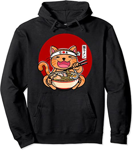 Image of Japanese ramen noodles anime funny Japan cat Pullover Hoodie