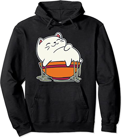 Image of Kawaii Anime Cat T Shirt I Cat Eating Ramen Pullover Hoodie