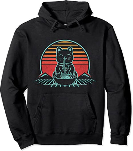 Image of Anime Ramen Cat Retro Japanese Noodles Aesthetic Kawaii Gift Pullover Hoodie