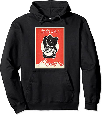 Image of Vintage Kawaii Anime Cat eating Ramen Retro Japanese Style Pullover Hoodie