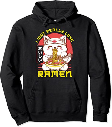 Image of Cute & Funny I Just Really Love Ramen Anime Cat Pullover Hoodie