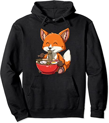 Image of Fox Eating Ramen Ramen Noodle Lovers Fox Themed Gift Pullover Hoodie