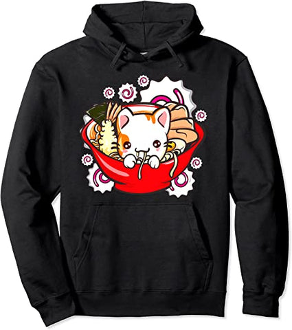 Image of Cute Kawaii Cat Ramen Bowl Japanese Anime Kitten Pullover Hoodie