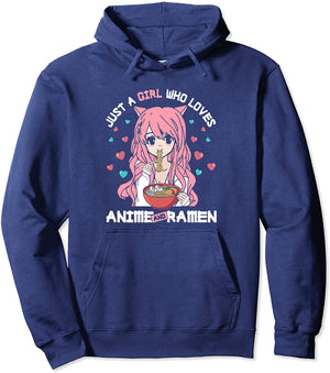 Just A Girl Who Loves Anime and Ramen Bowl Pink Hair Noodles Pullover Hoodie
