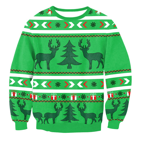 Image of Christmas Sweatshirts - Super Cute Christmas Deer Icon Green 3D Sweatshirt