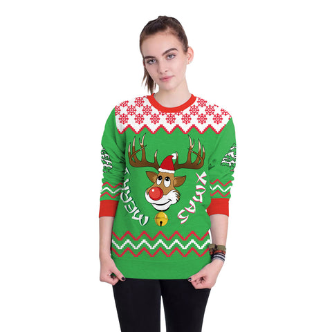 Image of Christmas Sweatshirts - Cute Christmas Deer Icon Green 3D Sweatshirt