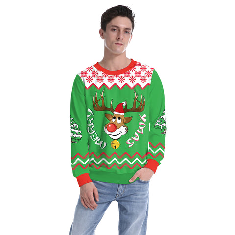 Image of Christmas Sweatshirts - Cute Christmas Deer Icon Green 3D Sweatshirt